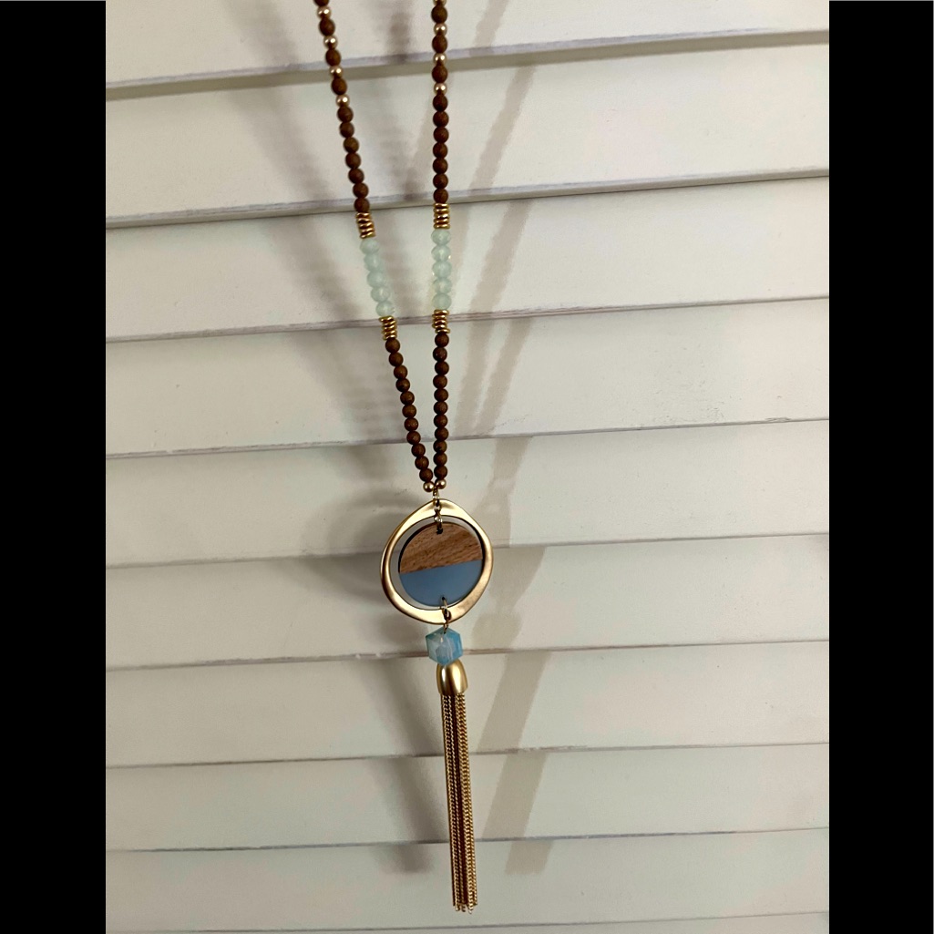 Periwinkle Wood And Bead Gold Accent Tassel Necklace 22$